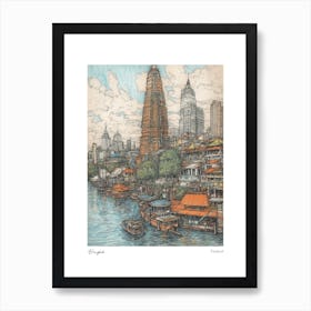 Bangkok Thailand Drawing Pencil Style 3 Travel Poster Art Print