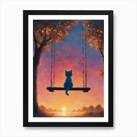 Solitude ~ Cat on a Swing Watching the Sunset Art Print