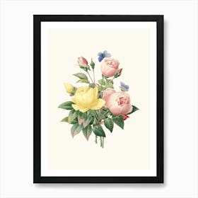 Antique Vintage Flower Illustration - Roses Pink Yellow Art Print