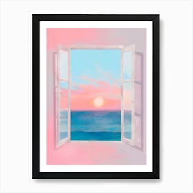 Pink Sunset From The Window. Gouache Landscape Illustration Art Print