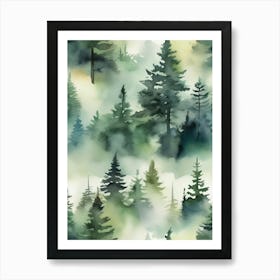 Appalachian Mountains of Misty Pines Watercolor Print of Evergreen Forest..139 Art Print