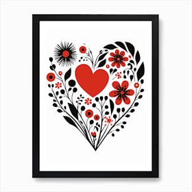 Folky Heart Linocut Style Black Red & White 2 Art Print