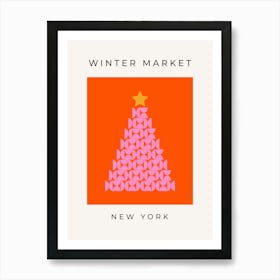 Winter Market | 02 - Orange And Pink Christmas Tree Art Print