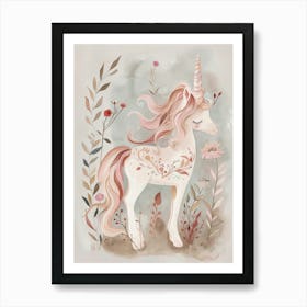 Unicorn in The Meadow. Whimsical Vintage Illustration, Kids Room Art Print