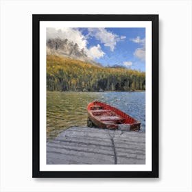 Boat At The Pier Near The Mountains Oil Painting Landscape Art Print