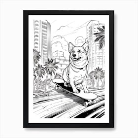 Pembroke Welsh Corgi Dog Skateboarding Line Art 2 Art Print