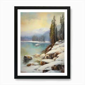 Ancient landscapes, old winter oil paintings and rocks around the lake bank. Snow is falling on the lake, old colors.3 2 Art Print