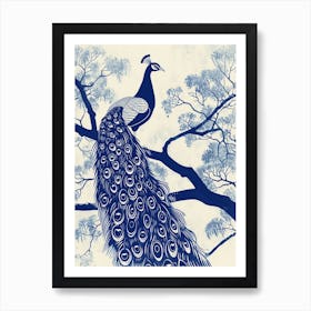 Ivory & Navy Blue Peacock In A Tree Art Print