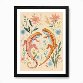 Folksy Floral Animal Drawing Gecko 2 Art Print