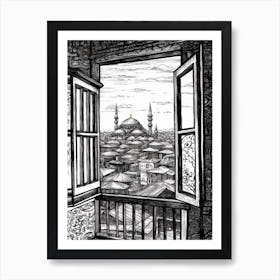 A Window View Of Istanbul In The Style Of Black And White  Line Art 1 Art Print