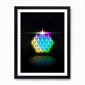 Neon Geometric Glyph in Candy Blue and Pink with Rainbow Sparkle on Black n.0008 Art Print