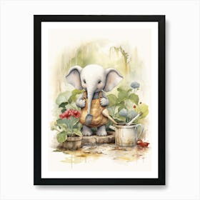 Elephant Painting Gardening Watercolour 1 Art Print