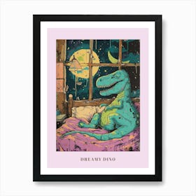 Dinosaur Snoozing In Bed At Night Abstract Illustration 1 Poster Art Print