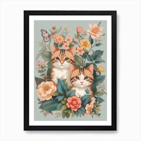 Dreamshaper V7 Vintage Cute Kawaii Cats Botanical Illustration 0 Art Print
