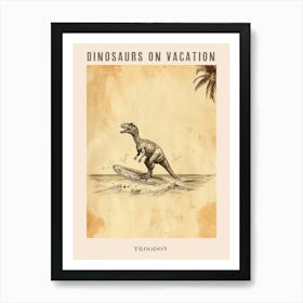 Vintage Troodon Dinosaur On A Surf Board 1 Poster Art Print