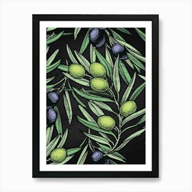 Olives On A Black Background - olives poster, kitchen wall art Art Print