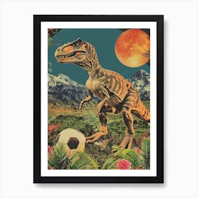 Dinosaur Playing Football Abstract Retro Collage 3 Art Print