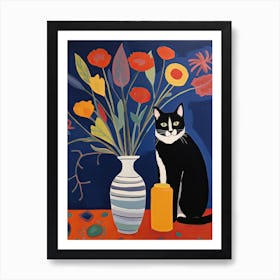 Irises Flower Vase And A Cat, A Painting In The Style Of Matisse 2 Art Print