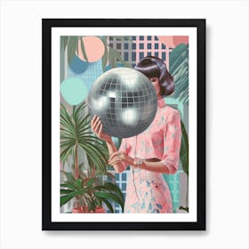 Woman With Purple Hair Holding A Disco Ball And Plants Art Print