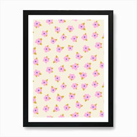 Soft Scattered Flowers and Leaves Pink, Blue, Yellow on Cream White Art Print