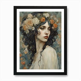 Girl With Flowers In Her Hair Klimt Style Art Print