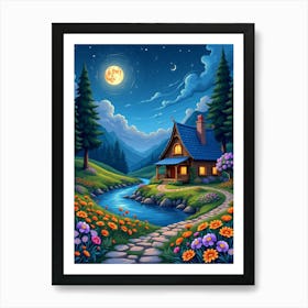 A Beautiful Wooden House Moon Night Landscape V 04 Art Print