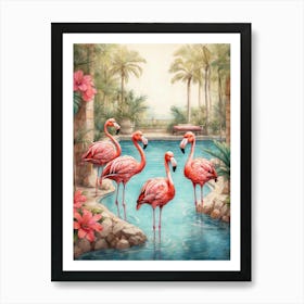 Flamingos By The Pool 1 Art Print