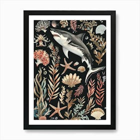 Great White Shark Black Background Illustration 2 Art Print