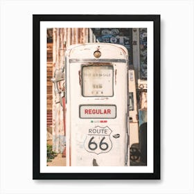 Route 66, USA I Vintage retro gas pump at Hackberry General Store in Arizona American countryside with a pastel white aesthetic photography on a road trip through the destroy American West coast to California Poster