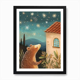 Sloth Bear Looking At A Starry Sky Storybook Illustration 2 Art Print