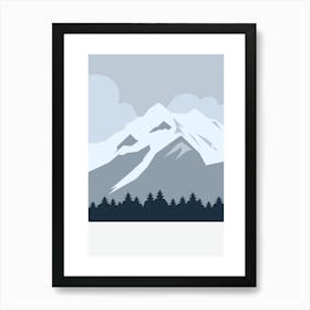 Snowy Mountain Boho Minimalist Blue Illustration Art Print