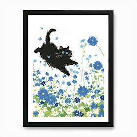 Black Cat In Blue Flowers 1 Art Print