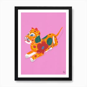 Tiger With Flowers On Pink Background Art Print