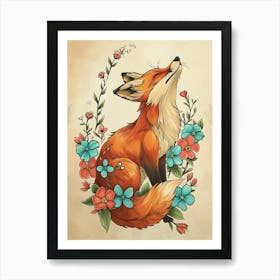 Amazing Red Fox With Flowers Art Print