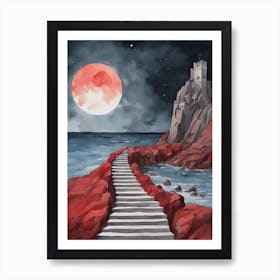 Stairs rising from the blue sea between red rocks lead to a medieval castle under the red moon Art Print