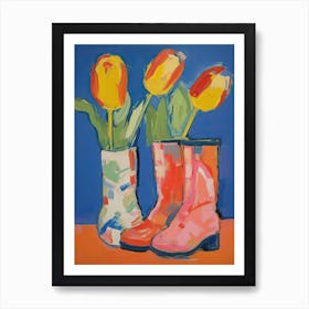 Painting Of Tulips Flowers And Cowboy Boots, Oil Style 3 Art Print