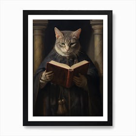 Cat Reading A Book In A Gothic Art Style 1 Art Print