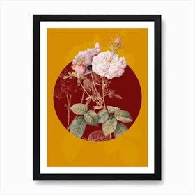Vintage Botanical Damask Rose on Circle Red on Yellow n.0097 Art Print