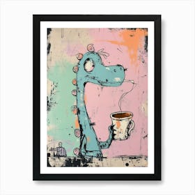 Dinosaur Drinking Coffee Pastel Pink Graffiti Brushstroke 3 Affiche