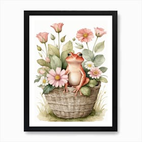 Cute Pink Frog In A Floral Basket (15) Art Print