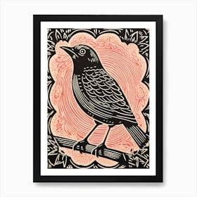 Vintage Bird Linocut Cowbird 2 Art Print