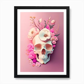 Skull With Abstract Elements 2 Pink Vintage Floral Art Print