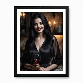 Beautiful vampire woman holding a glass of wine in a modern kitchen 1 Art Print