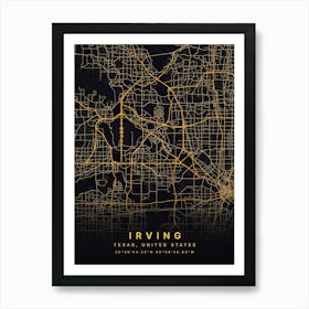 Irving Texas United States Black And Gold Map Art Print