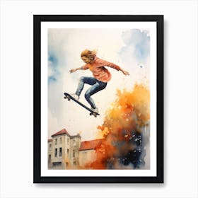 Girl Skateboarding In Malmö, Sweden Watercolour 4 Art Print