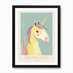 Cute Yellow Blue Pink Storybook Style Unicorn Poster Art Print