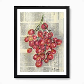 Red Grapes On Newspaper Minimal Fruit Food Kitchen Dining Room Decor Art Print