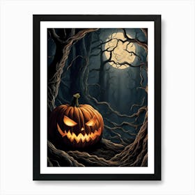 Spooky Pumpkin In Dark Forest, Halloween Decor 1 Art Print