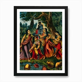 Lord Krishna And His Attendants Art Print