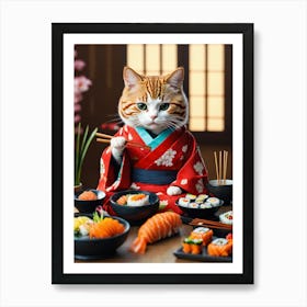 Cat In Japanese Kimono Art Print